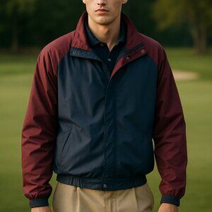 Tommy Hilfiger Golf XL Navy Burgundy Bomber Jacket Lined Full Zip Snap Chic